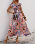 Boho Paisley Print Flutter Sleeve Maxi Dress - Brown