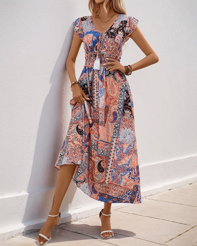 Boho Paisley Print Flutter Sleeve Maxi Dress - Brown - 1
