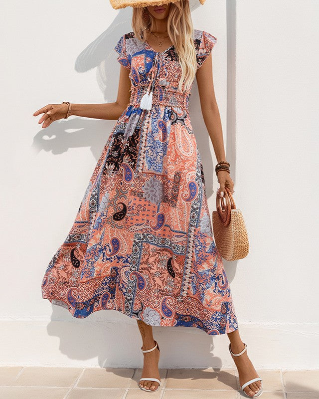 Boho Paisley Print Flutter Sleeve Maxi Dress - Brown - 2