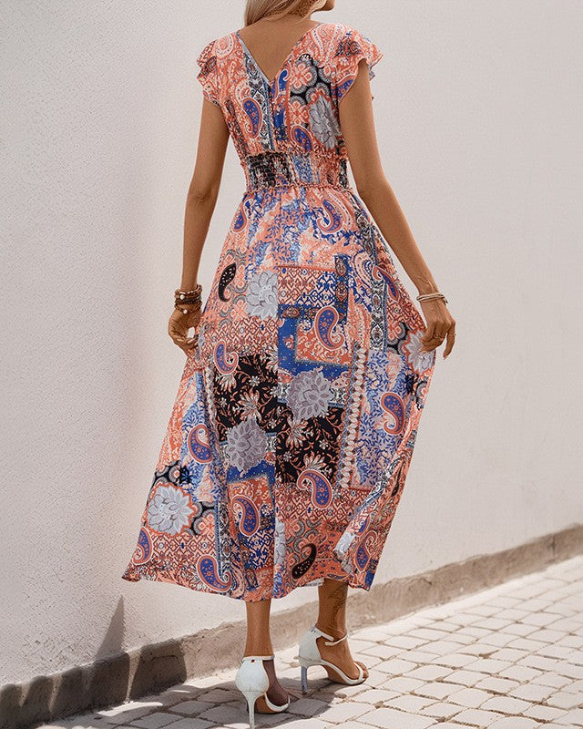 Boho Paisley Print Flutter Sleeve Maxi Dress - Brown - 3