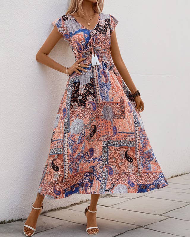 Boho Paisley Print Flutter Sleeve Maxi Dress