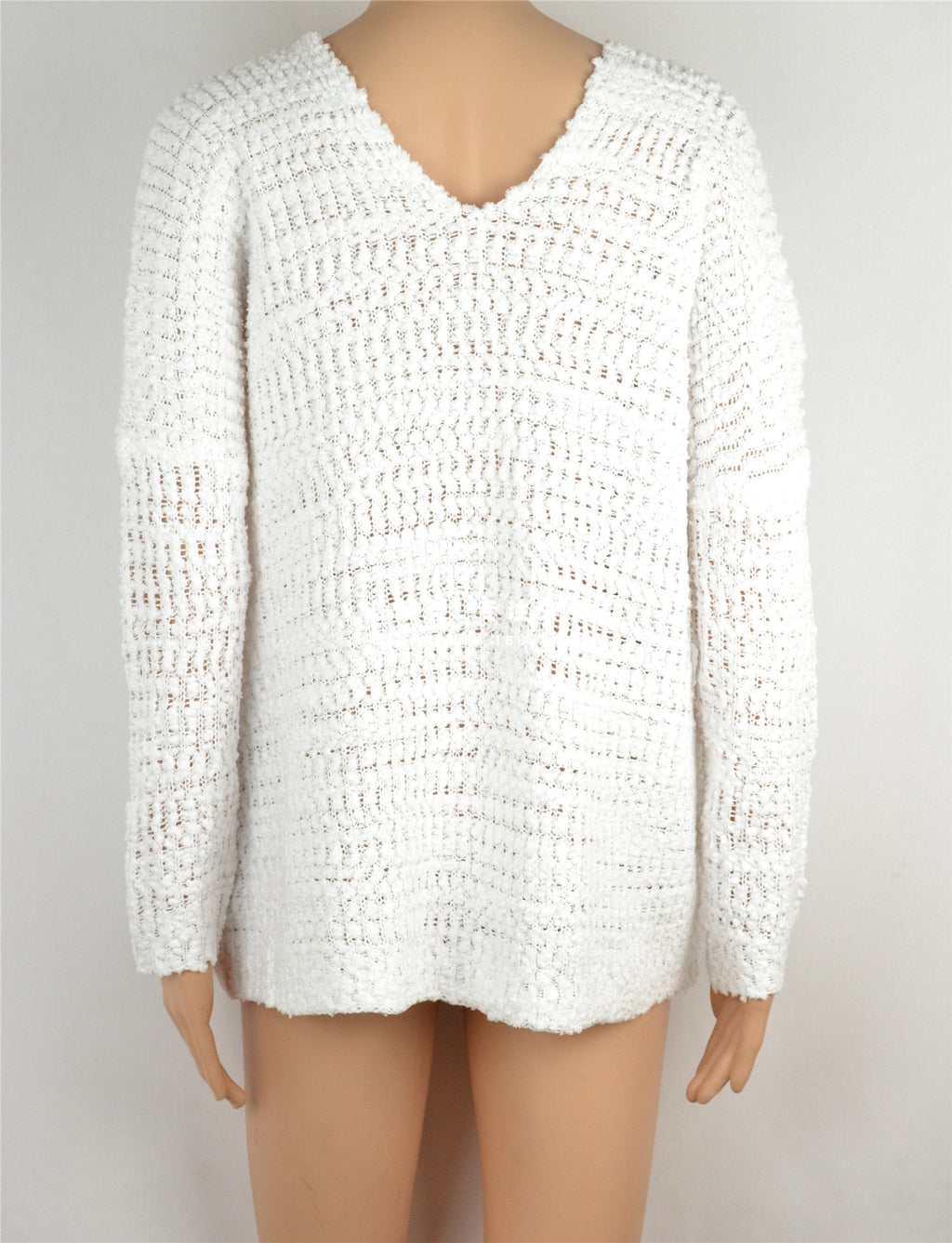 White V Neck Chunky Knit Slouchy Sweater - White