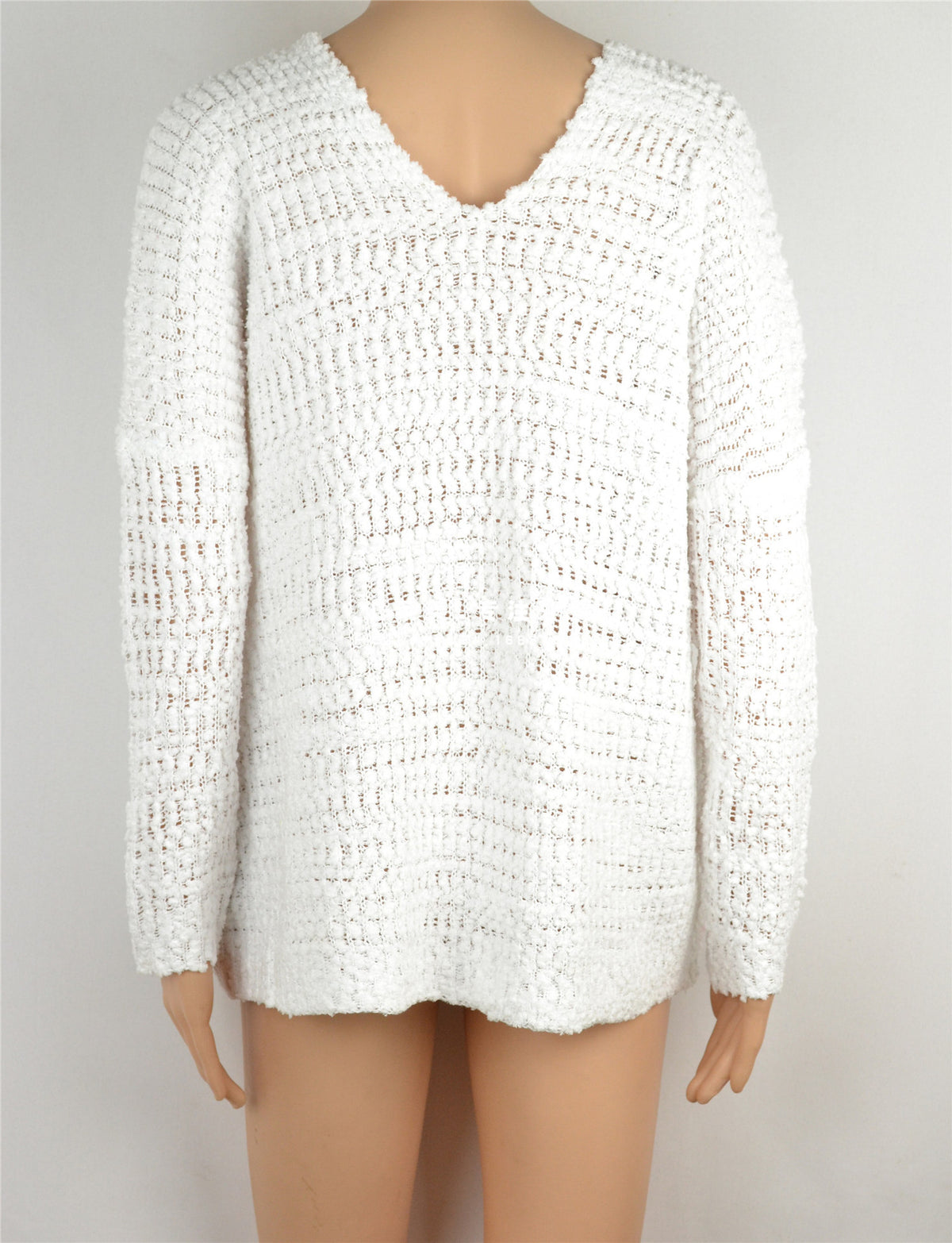 White V Neck Chunky Knit Slouchy Sweater - White