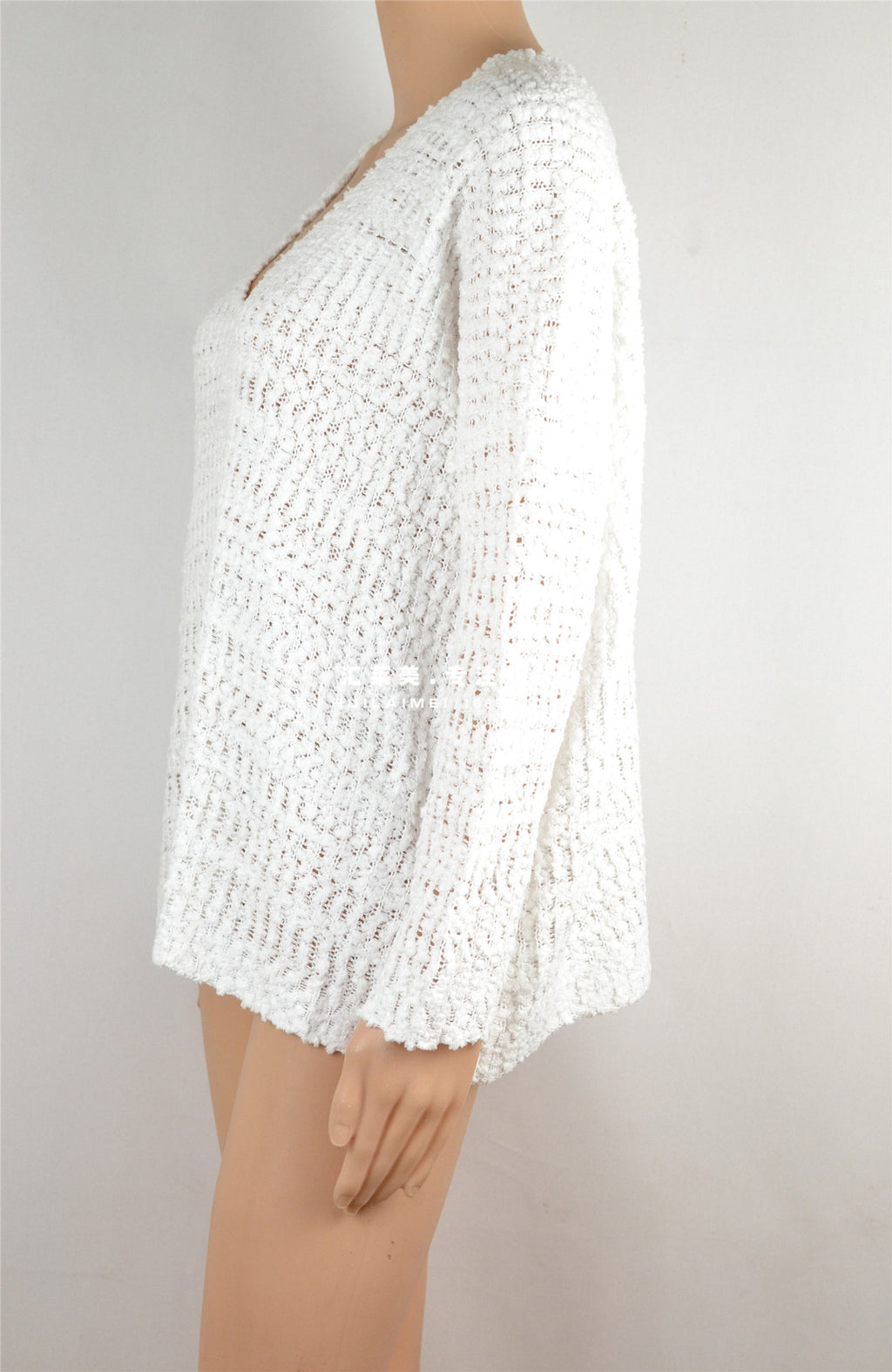 White V Neck Chunky Knit Slouchy Sweater - White - 1