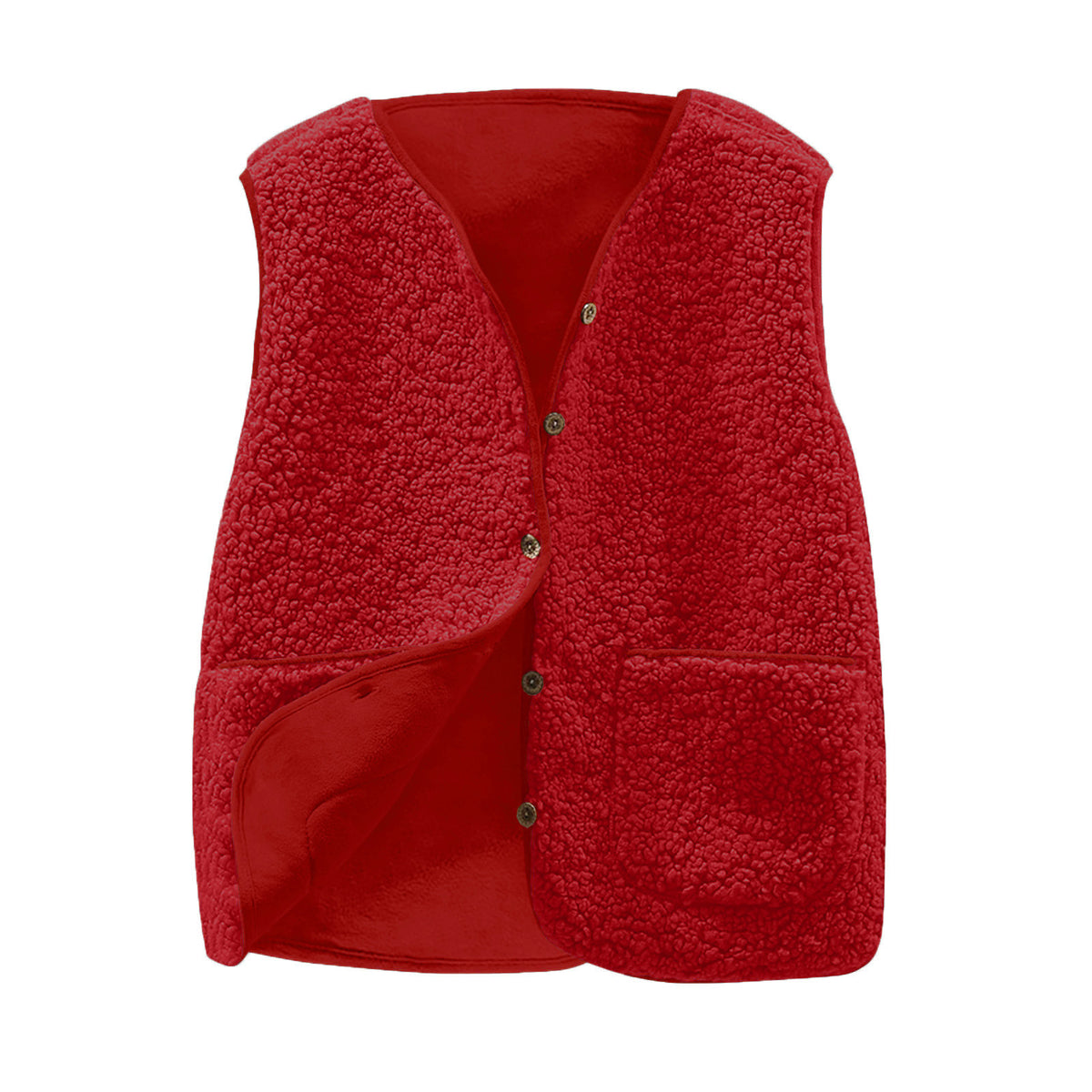 Teddy Sherpa V Neck Buttoned Gilet Vest - Red