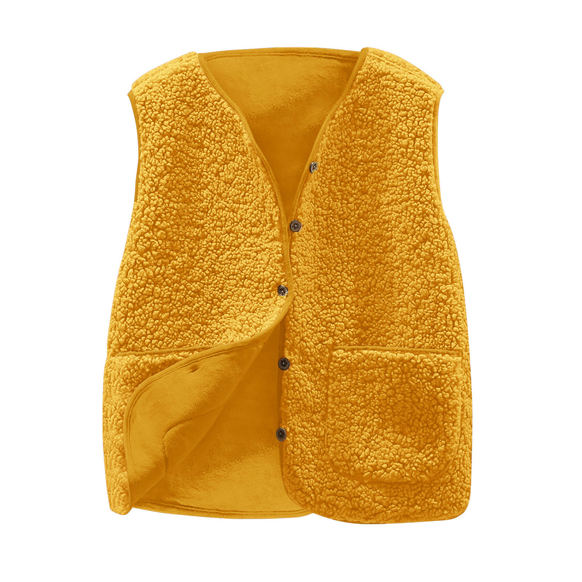 Teddy Sherpa V Neck Buttoned Gilet Vest - Yellow