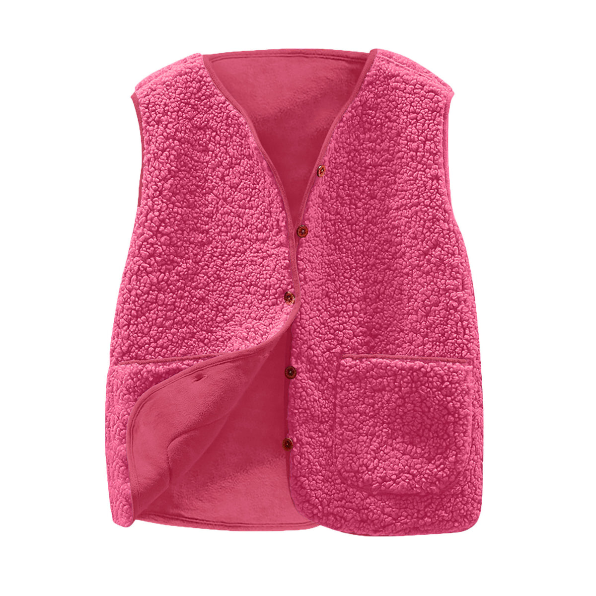 Teddy Sherpa V Neck Buttoned Gilet Vest - fuchsia