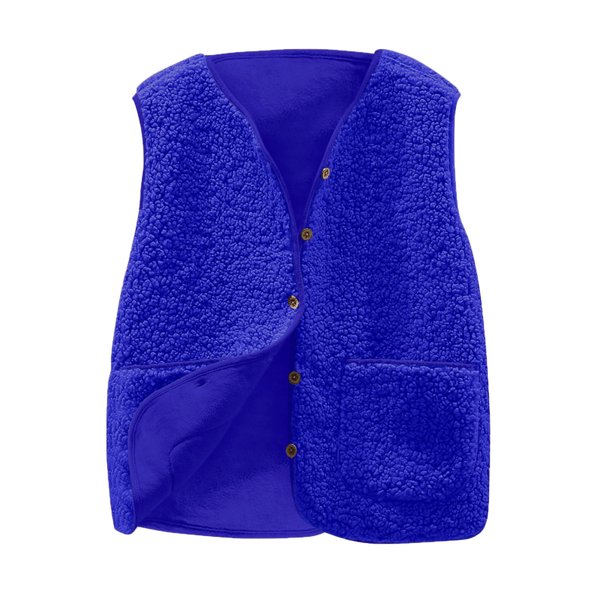 Teddy Sherpa V Neck Buttoned Gilet Vest - royal