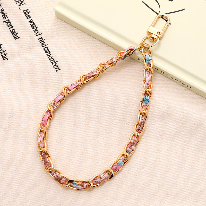 Woven Leather Chain Phone Wrist Strap - Pink