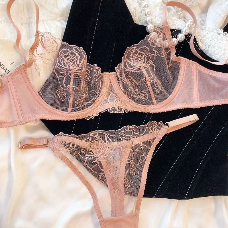 Rose Embroidered Sheer Mesh Underwire Bra And Thong Set - Blush Pink