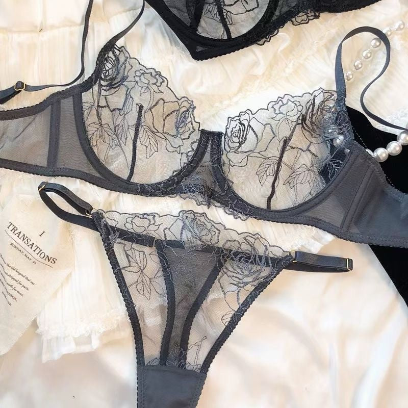 Rose Embroidered Sheer Mesh Underwire Bra And Thong Set - Gray