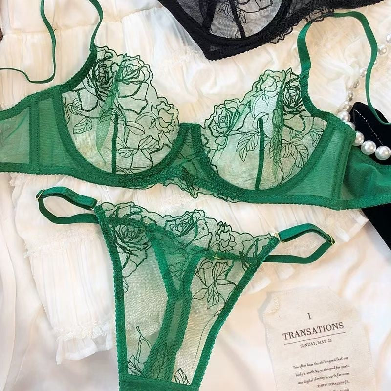 Rose Embroidered Sheer Mesh Underwire Bra And Thong Set - Green