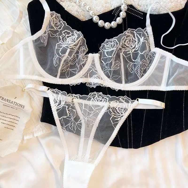 Rose Embroidered Sheer Mesh Underwire Bra And Thong Set - White