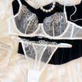 Rose Embroidered Sheer Mesh Underwire Bra And Thong Set - White