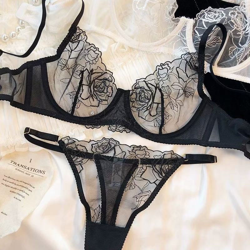 Rose Embroidered Sheer Mesh Underwire Bra And Thong Set