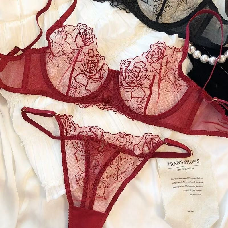 Rose Embroidered Sheer Mesh Underwire Bra And Thong Set