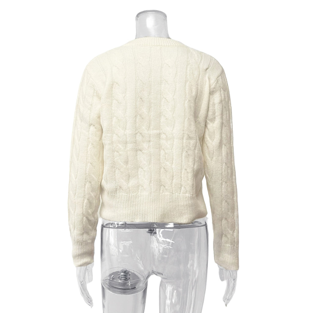 Cropped Cable Knit Round Neck Cardigan - Apricot - 1