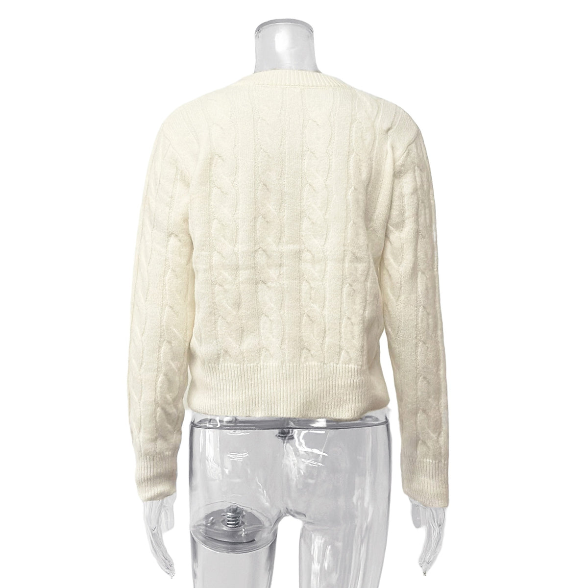 Cropped Cable Knit Round Neck Cardigan - Apricot - 1