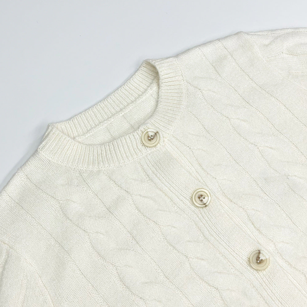 Cropped Cable Knit Round Neck Cardigan - Apricot - 2