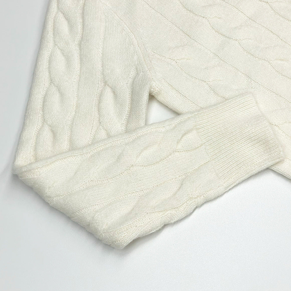 Cropped Cable Knit Round Neck Cardigan - Apricot - 3
