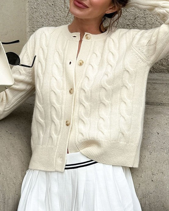 Cropped Cable Knit Round Neck Cardigan - Apricot - 4