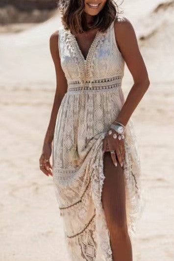 Tiered Crochet Lace Sleeveless Maxi Dress - beige