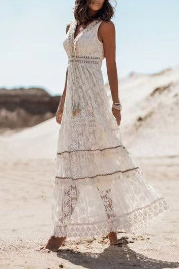 Tiered Crochet Lace Sleeveless Maxi Dress - beige - 1