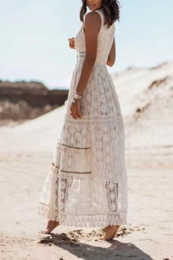 Tiered Crochet Lace Sleeveless Maxi Dress - beige - 2