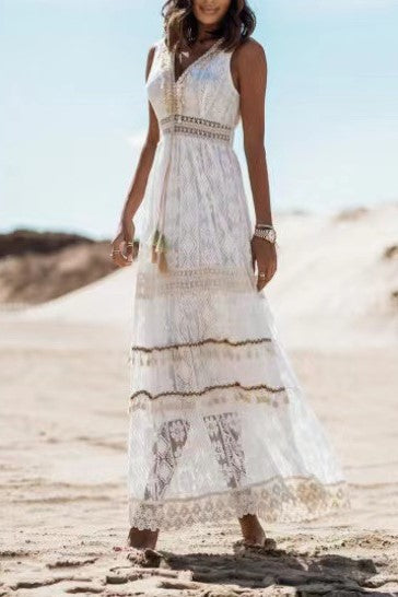 Tiered Crochet Lace Sleeveless Maxi Dress - white
