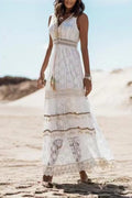 Tiered Crochet Lace Sleeveless Maxi Dress - white