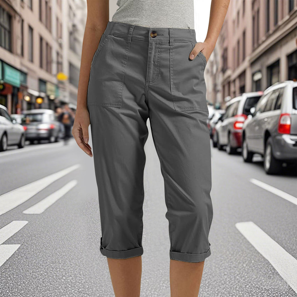 Roll Cuff Patch Pocket Straight Leg Capri Pants