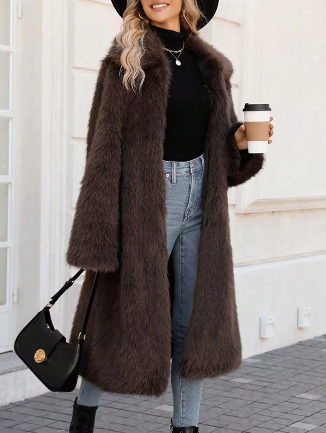Shaggy Faux Fur Longline Coat - Coffee