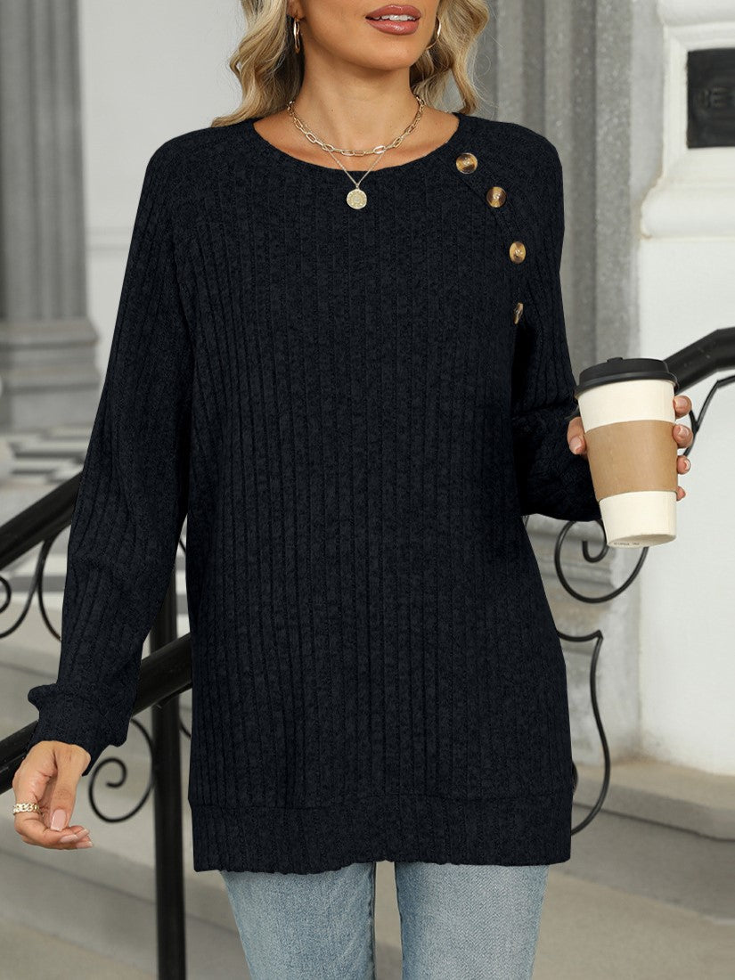 Ribbed Knit Button Trim Tunic Top - Black - 1
