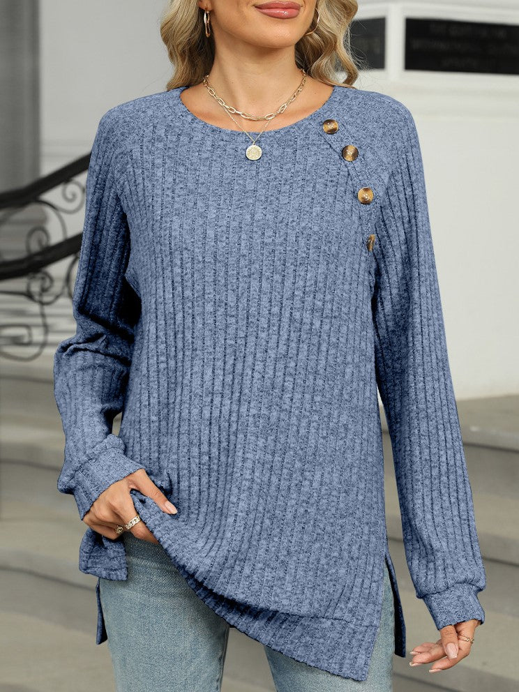 Ribbed Knit Button Trim Tunic Top - Blue - 1