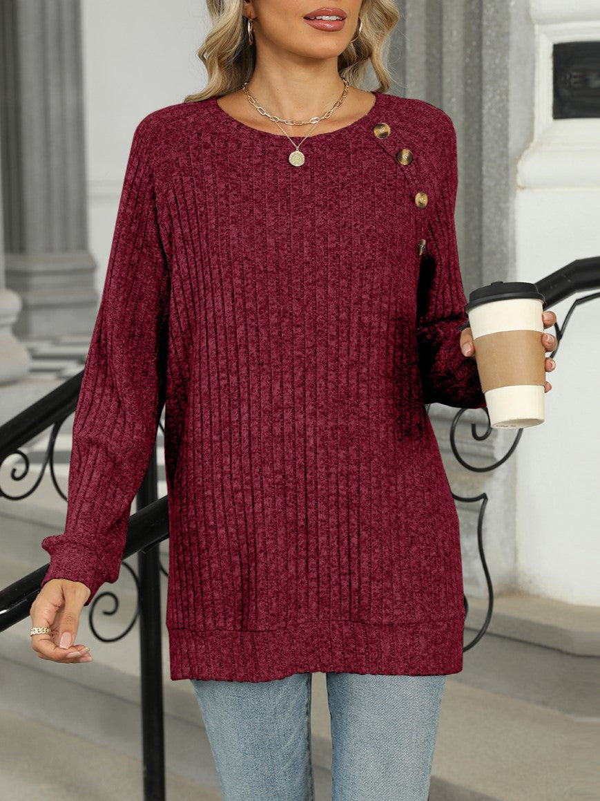 Ribbed Knit Button Trim Tunic Top - Burgundy - 1