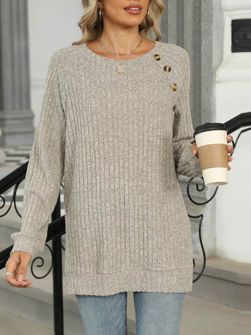 Ribbed Knit Button Trim Tunic Top - Oatmeal