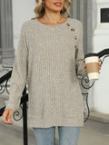 Ribbed Knit Button Trim Tunic Top - Oatmeal