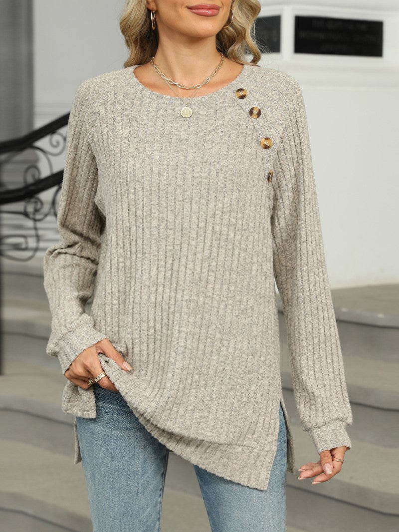 Ribbed Knit Button Trim Tunic Top - Oatmeal - 4