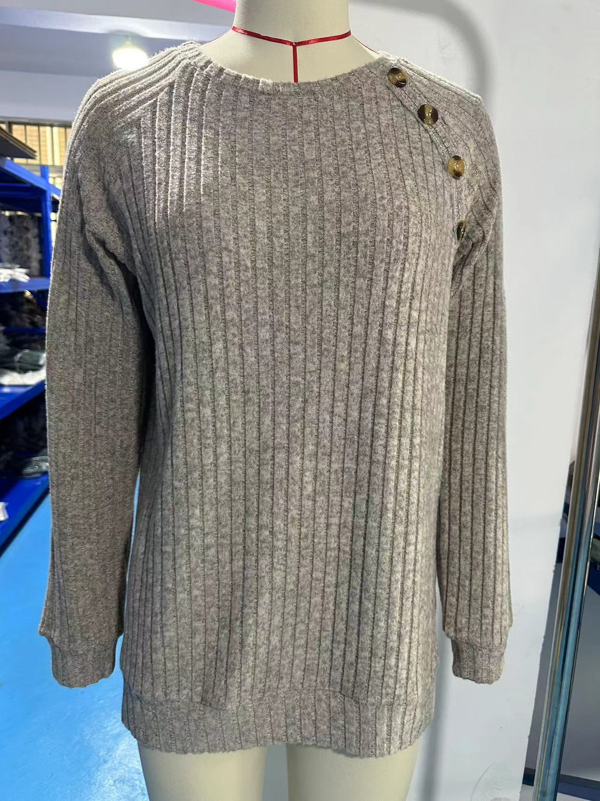 Ribbed Knit Button Trim Tunic Top - Oatmeal - 5