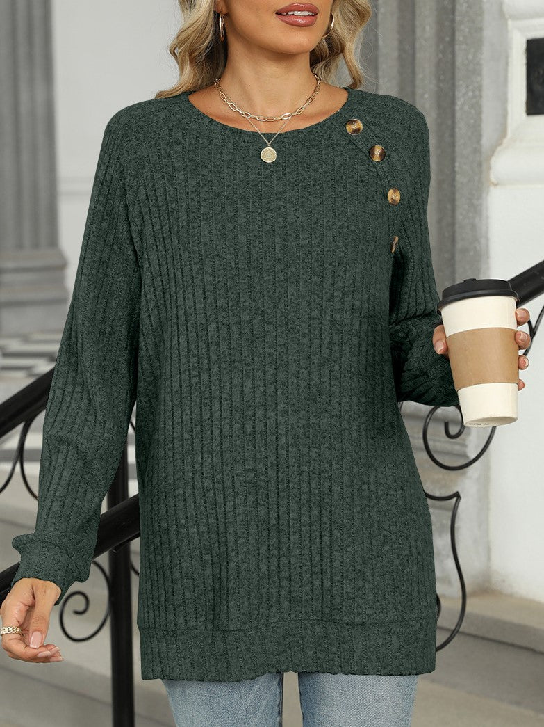 Ribbed Knit Button Trim Tunic Top - Olive