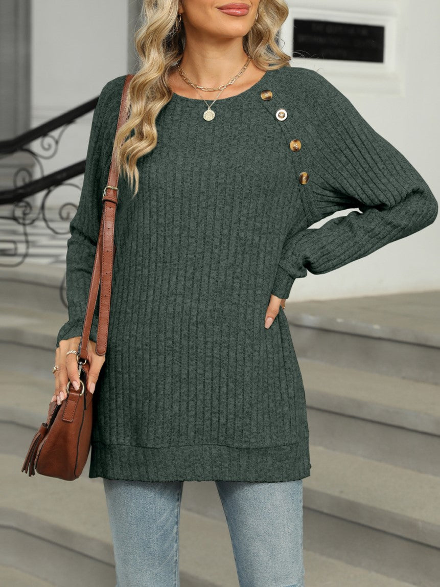 Ribbed Knit Button Trim Tunic Top - Olive - 1