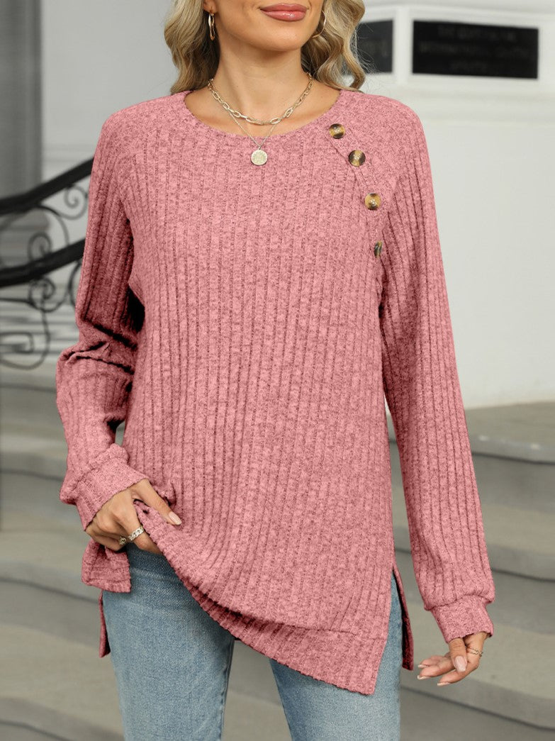 Ribbed Knit Button Trim Tunic Top - Pink - 2