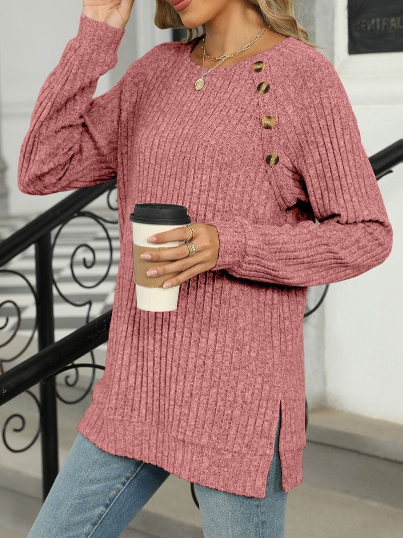 Ribbed Knit Button Trim Tunic Top - Pink - 3