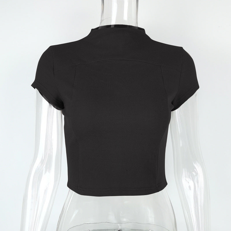 Mock Neck Seamed Crop Top - Black - 3