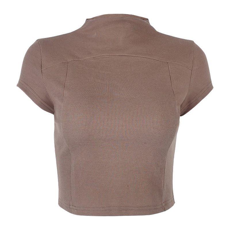 Mock Neck Seamed Crop Top - Coffee