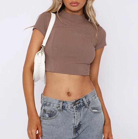 Mock Neck Seamed Crop Top - Coffee - 1