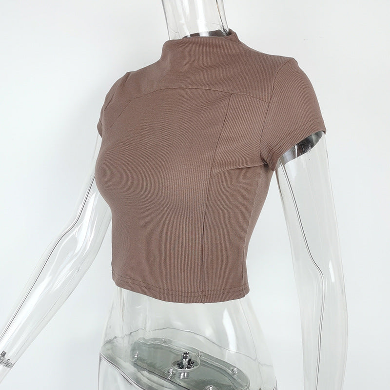 Mock Neck Seamed Crop Top - Coffee - 4