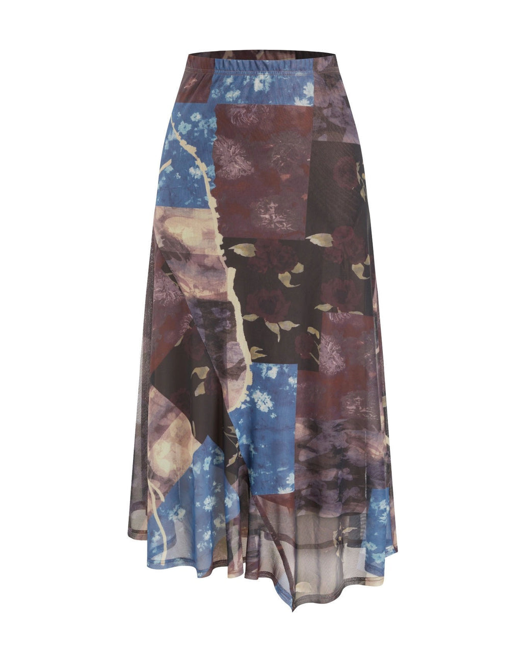 Boho Watercolour Patchwork Mesh High-Low Midi Skirt - Blue