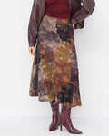 Boho Watercolour Patchwork Mesh High-Low Midi Skirt - Coffee