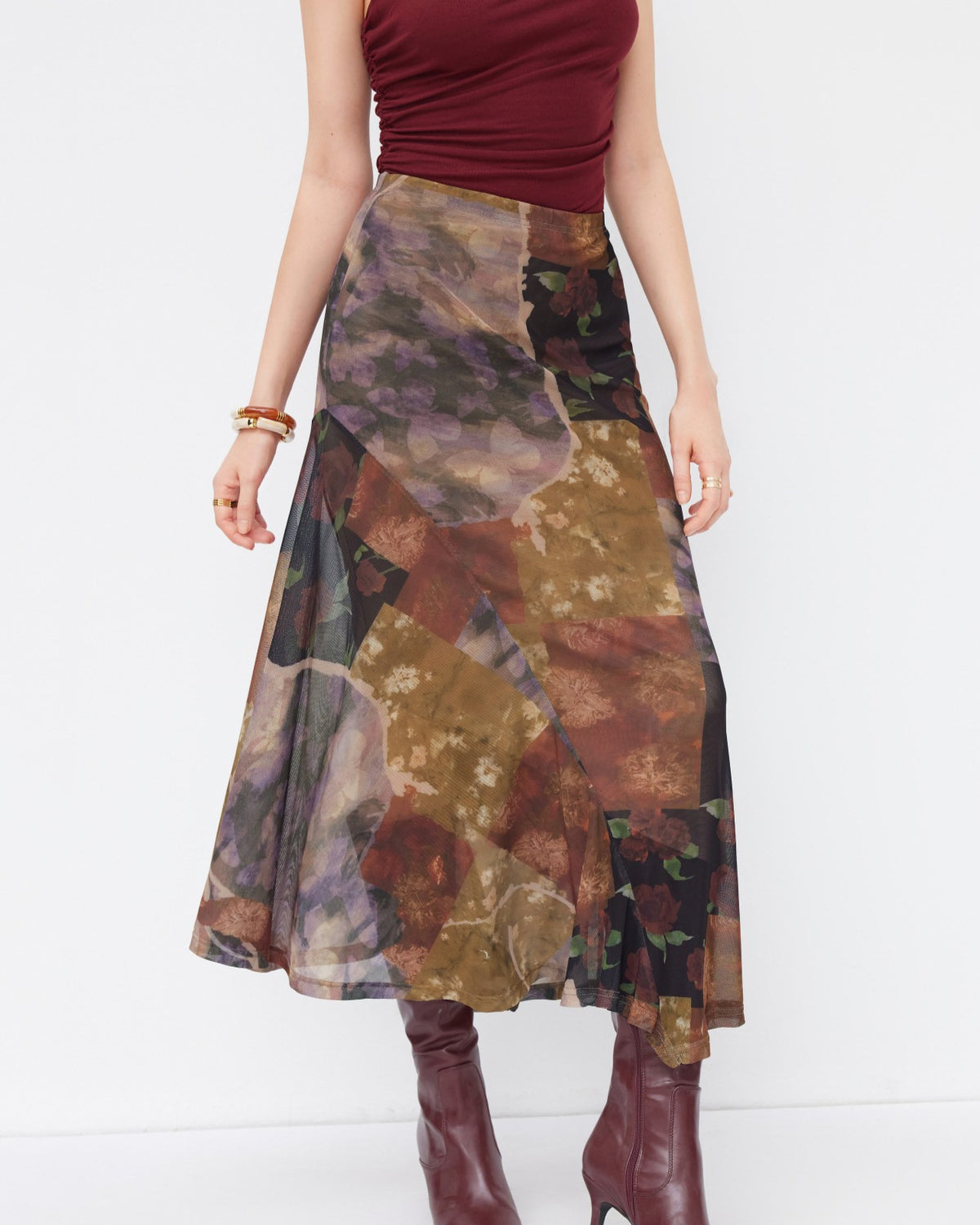 Boho Watercolour Patchwork Mesh High-Low Midi Skirt - view 2